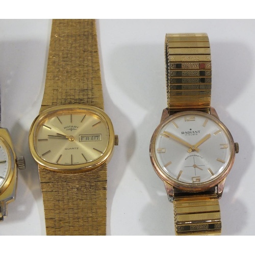 151 - FOUR GOLD TONE GENTS WATCHES AND A WATCH FACE, INCLUDES ROTARY, RADIANT AND INTERPOL, AS FOUND