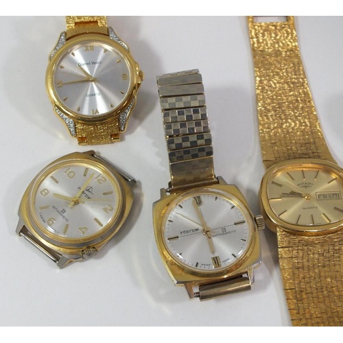 151 - FOUR GOLD TONE GENTS WATCHES AND A WATCH FACE, INCLUDES ROTARY, RADIANT AND INTERPOL, AS FOUND