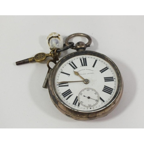 153 - ANTIQUE STERLING SILVER ENGLISH LEVER POCKET WATCH WITH TWO KEYS, CHESTER 1896 HALLMARKS