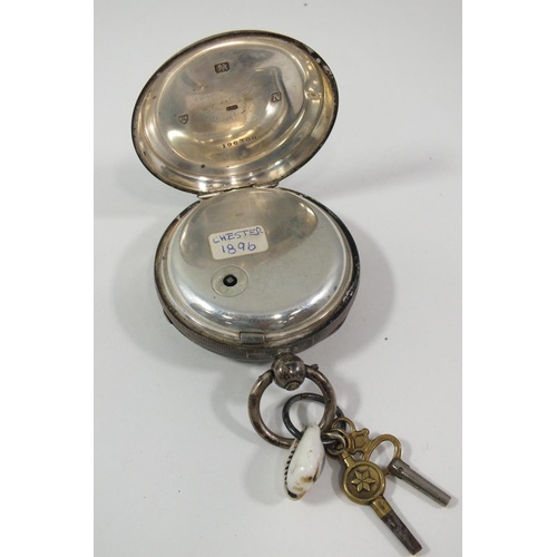 153 - ANTIQUE STERLING SILVER ENGLISH LEVER POCKET WATCH WITH TWO KEYS, CHESTER 1896 HALLMARKS