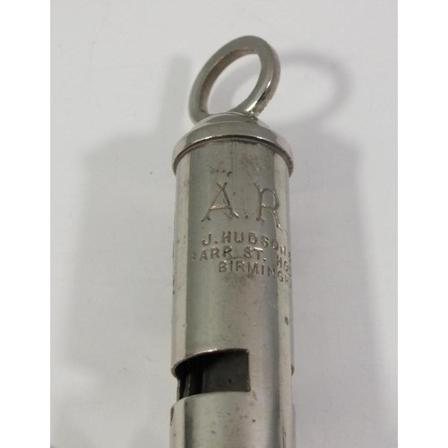 105 - OLD SILVER A.R.P BADGE AD AIR RAID A.R.P WHISTLE