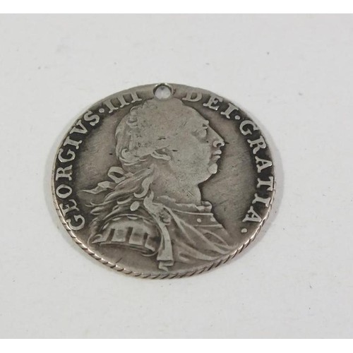 108 - 1787 GEORGE III SILVER SHILLING COIN - HOLED