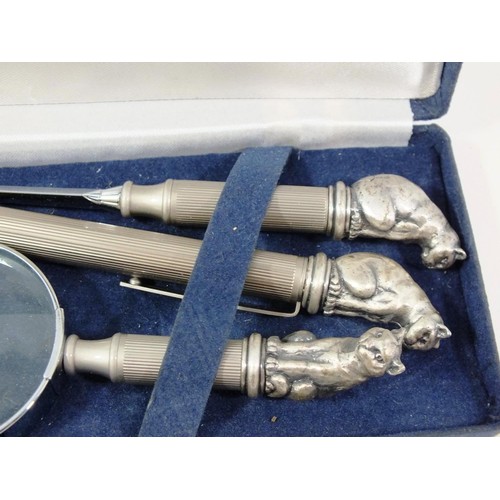 188 - THREE PIECE CAT MOTIF SET INCLUDING MAGNIFYING GLASS, LETTER OPENER AND PEN