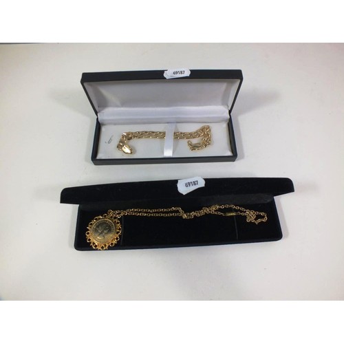 209 - GOLD PLATED BRACELET AND GOLD PLATED COIN NECKLACE