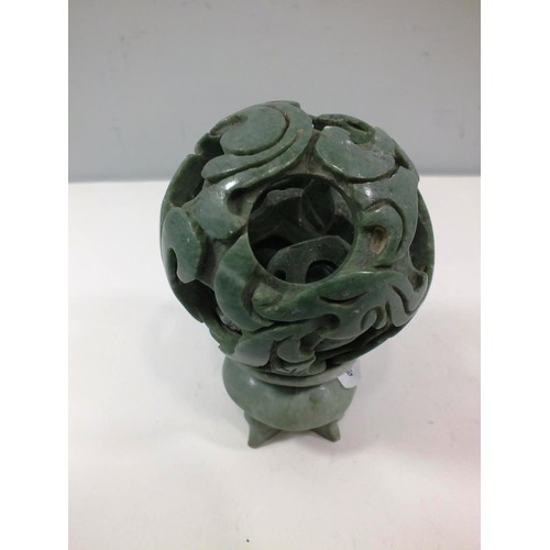 149 - VINTAGE CHINESE NATURAL JADE HAND CARVED PUZZLE BALL ON JADE PLINTH