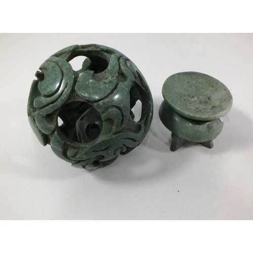 149 - VINTAGE CHINESE NATURAL JADE HAND CARVED PUZZLE BALL ON JADE PLINTH