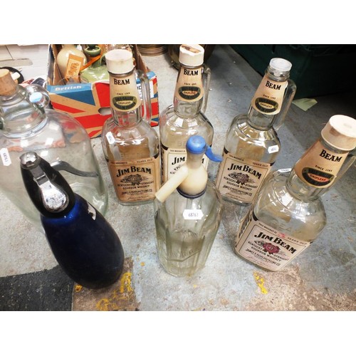 490 - FOUR JIM BEAN BOTTLES, TWO SODA SYPHONS AND DEMI JOHN