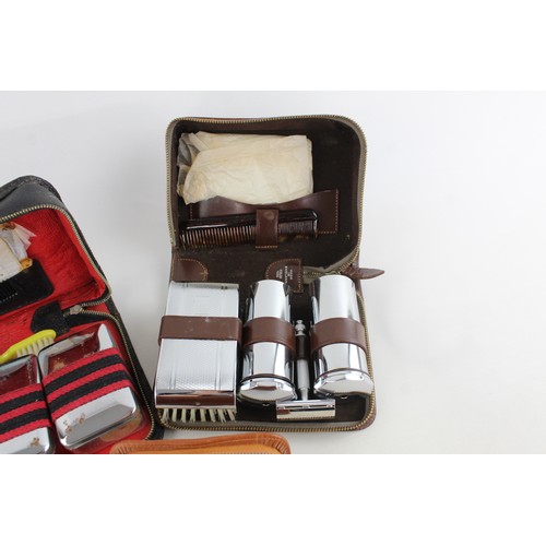 89 - 3 x Vintage Gents GILLETTE Grooming Sets In Leather Cases Inc Brushes Etc