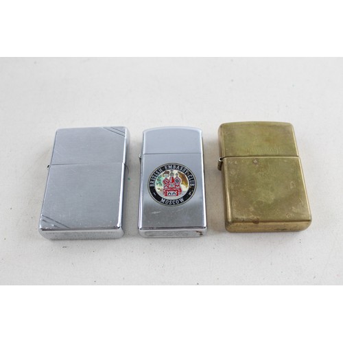 101 - 3 x ZIPPO CIGARETTE LIGHTERS Inc Brass, British Embassy Etc