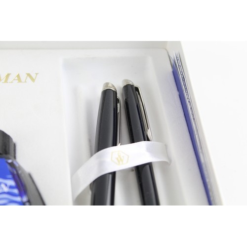 4 - WATERMAN Black FOUNTAIN PEN Set w/ F Steel Nib, Ballpoint, Ink & Original Box