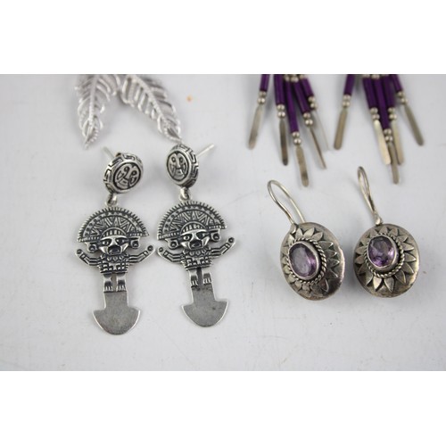 119 - 7 x .850 & .925 Silver EARRINGS w/ Amerindian, Amethyst, Drop (30g)