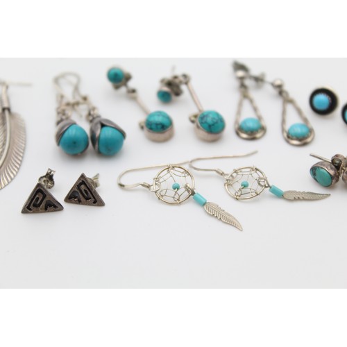 43 - 8 x .925 Silver EARRINGS w/ Turquoise, Feather, Drops, Studs (23g)