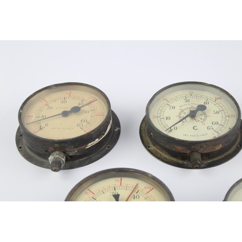 11 - 5 x Vintage BRASS GUAGES  Water, Pressure, Altitude, Possibly Steam Engine Train