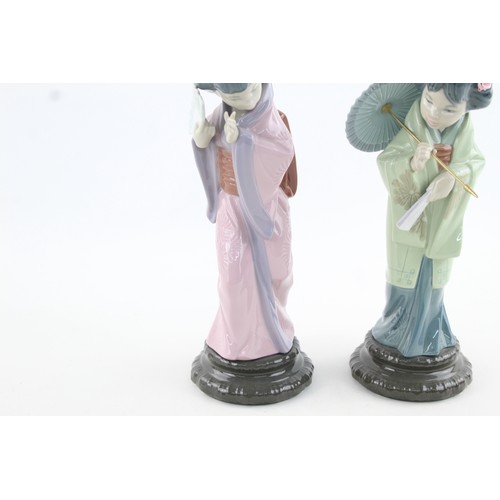 97 - 2 x Large Vintage LLADRO Porcelain Japanese Woman with Fan & Umbrella Figures