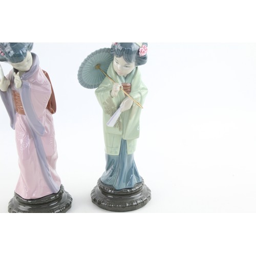 97 - 2 x Large Vintage LLADRO Porcelain Japanese Woman with Fan & Umbrella Figures