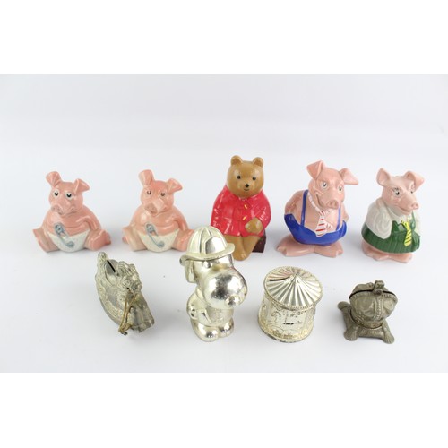 121 - 9 x Assorted Vintage MONEY BOXES Inc. Wade Pigs, Silver Plate, Paddington Etc