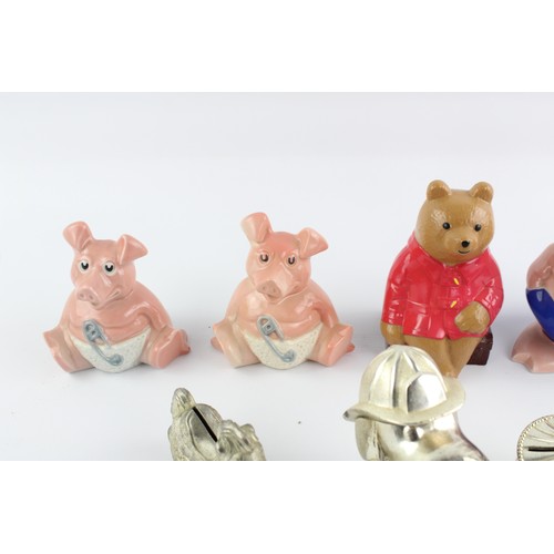 121 - 9 x Assorted Vintage MONEY BOXES Inc. Wade Pigs, Silver Plate, Paddington Etc