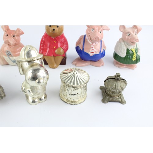 121 - 9 x Assorted Vintage MONEY BOXES Inc. Wade Pigs, Silver Plate, Paddington Etc