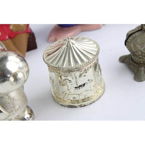 121 - 9 x Assorted Vintage MONEY BOXES Inc. Wade Pigs, Silver Plate, Paddington Etc