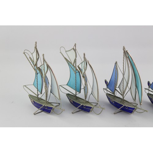 149 - 5x Decorative Painted Blue Glass Nautical Boat & Ship Ornaments Set, Metal Frame