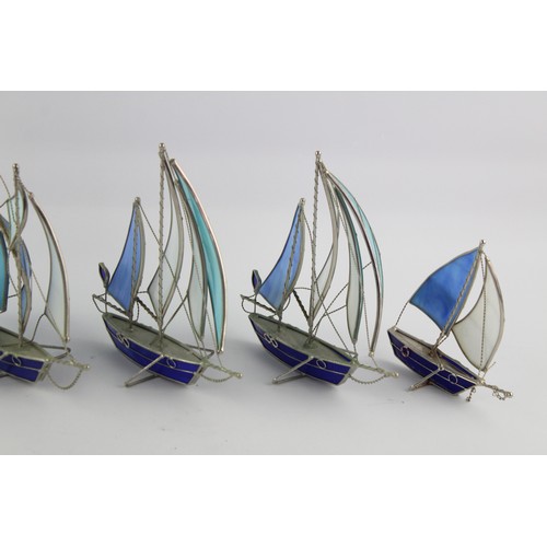 149 - 5x Decorative Painted Blue Glass Nautical Boat & Ship Ornaments Set, Metal Frame