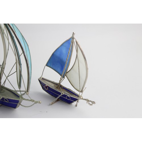 149 - 5x Decorative Painted Blue Glass Nautical Boat & Ship Ornaments Set, Metal Frame