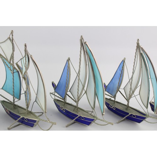 149 - 5x Decorative Painted Blue Glass Nautical Boat & Ship Ornaments Set, Metal Frame