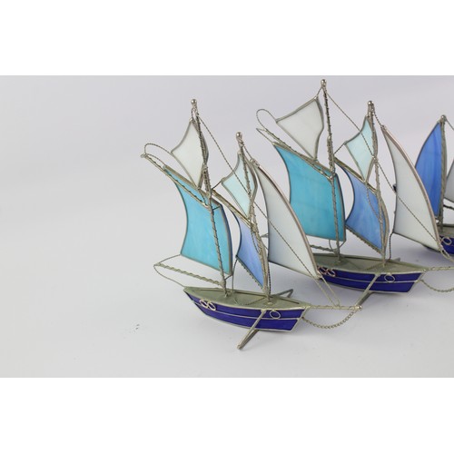 149 - 5x Decorative Painted Blue Glass Nautical Boat & Ship Ornaments Set, Metal Frame