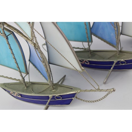 149 - 5x Decorative Painted Blue Glass Nautical Boat & Ship Ornaments Set, Metal Frame