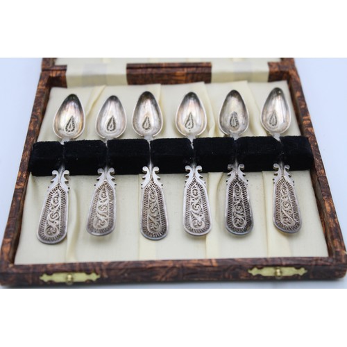 175 - 6 x Vintage .925 STERLING SILVER Decorative Filigree Teaspoons Cased (92g)