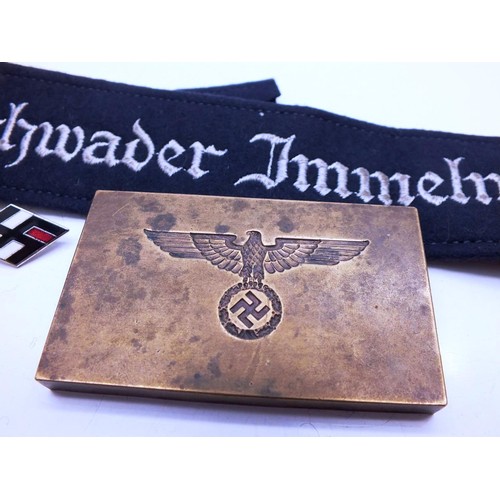 308 - GERMAN HAT BAND AND PIN BADGE AND BRONZE NAZI STAMP