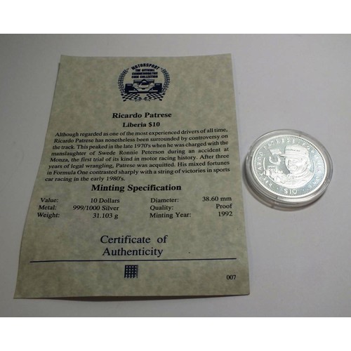 315 - PURE SILVER 10 DOLLAR PROOF RICARDO PATRESE COIN