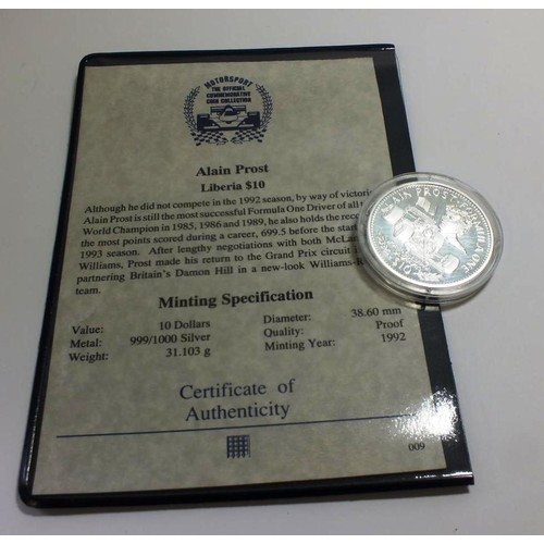 319 - PURE SILVER 10 DOLLAR PROOF COIN ALAIN PROST