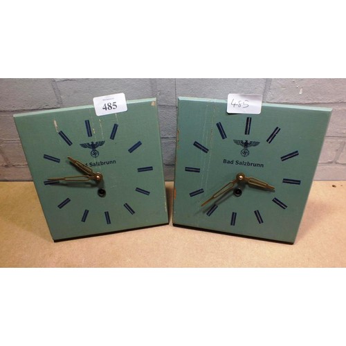 485 - PAIR OF WOOD CASED CLOCKS MARKED AS 