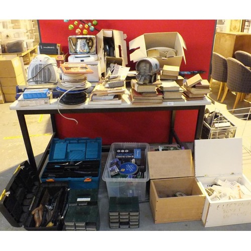 491 - LARGE JOBLOT OF MISC INCLUDES TOOLS, ANTIQUES BOOKS ETC