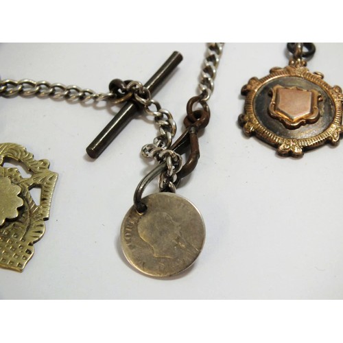 316 - SILVER FOB CHAIN WITH COIN ON AND TWO SILVER FOBS