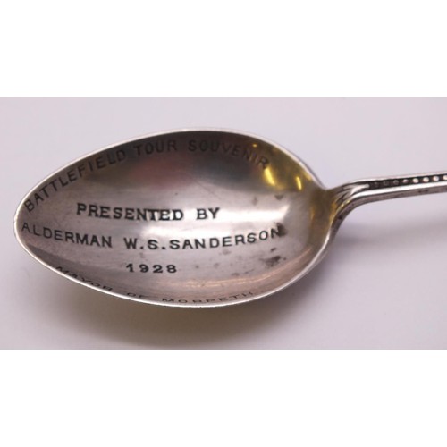 318 - WWI YPRES BATTLEFIELD TOUR SILVER SPOON 1927 HM PRESENTED BY ALDERMAN WS SANDERSON 1928 MAYOR OF MOR... 