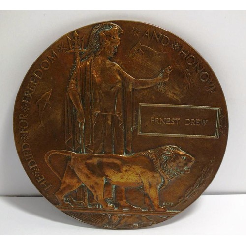 341 - WWI DEATH PLAQUE TO ERNEST DREW