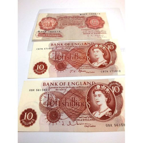 387 - THREE 10 SHILLING BANKNOTES ONE LK O'BRIEN (PRE 1962 GOOD CONDITION) ONE J.Q HOLLOM (PRE 1966)MINT C... 