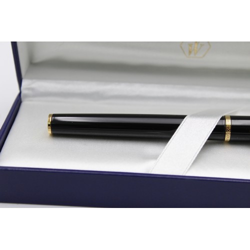 3 - WATERMAN Black Lacquer FOUNTAIN PEN w/ Gold Plate Nib WRITING Original Box