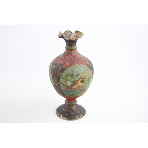 53 - Antique Hand Painted Papier Mache Flute Vase w/ Kingfisher & Oriole Bird Detail