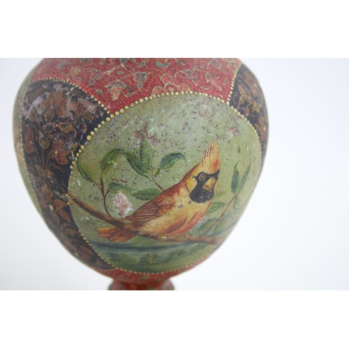 53 - Antique Hand Painted Papier Mache Flute Vase w/ Kingfisher & Oriole Bird Detail