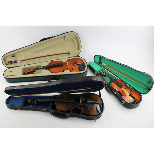 49 - 3 x Assorted Vintage / Modern Wooden Violins & Bows in Cases Inc. Fitted