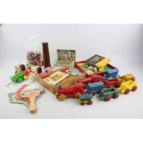 100 - Assorted Vintage Wooden Toys Inc. Blocks, Puzzles, Train, Snoopy, Kaleidoscope