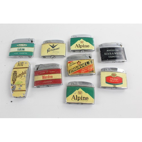 143 - 8 x Assorted Vintage Advertising Cigarette LIGHTERS Inc Chesterfield, Alpine Etc