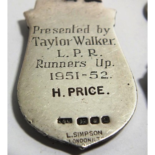 446 - 2 SILVER FOBS CORNISH SENIOR LEAGUE 1939 AND 1951 DARTS RUNNER UP H PRICE 24 GRAMS