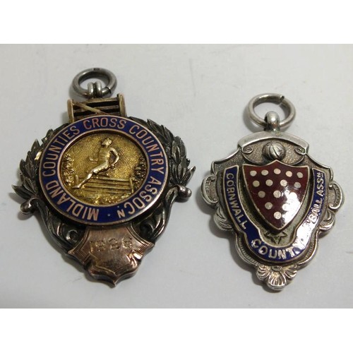 447 - 2 X SILVER FOBS 1926 CROSS COUNTRY AND A CORNWALL COUNTY CUP FINALIST 1934 31 GRAMS