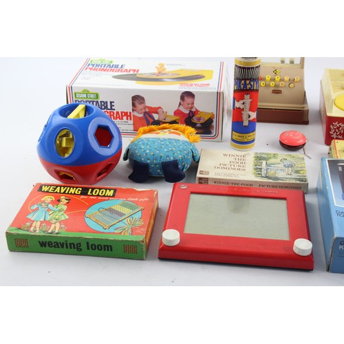 128 - 16 x Assorted Vintage Toys Inc Fisher Price, Etch-a-Sketch, Till, Phonograph Etc