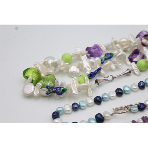 158 - 3 x .925 Sterling Silver Pearl NECKLACES inc. Amethyst, Enamel, Glass (187g)