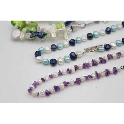 158 - 3 x .925 Sterling Silver Pearl NECKLACES inc. Amethyst, Enamel, Glass (187g)